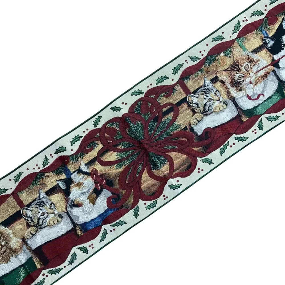 Whimsical Cozy Cats Christmas Tapestry Table Runner Kittens 13x73 Made In USA